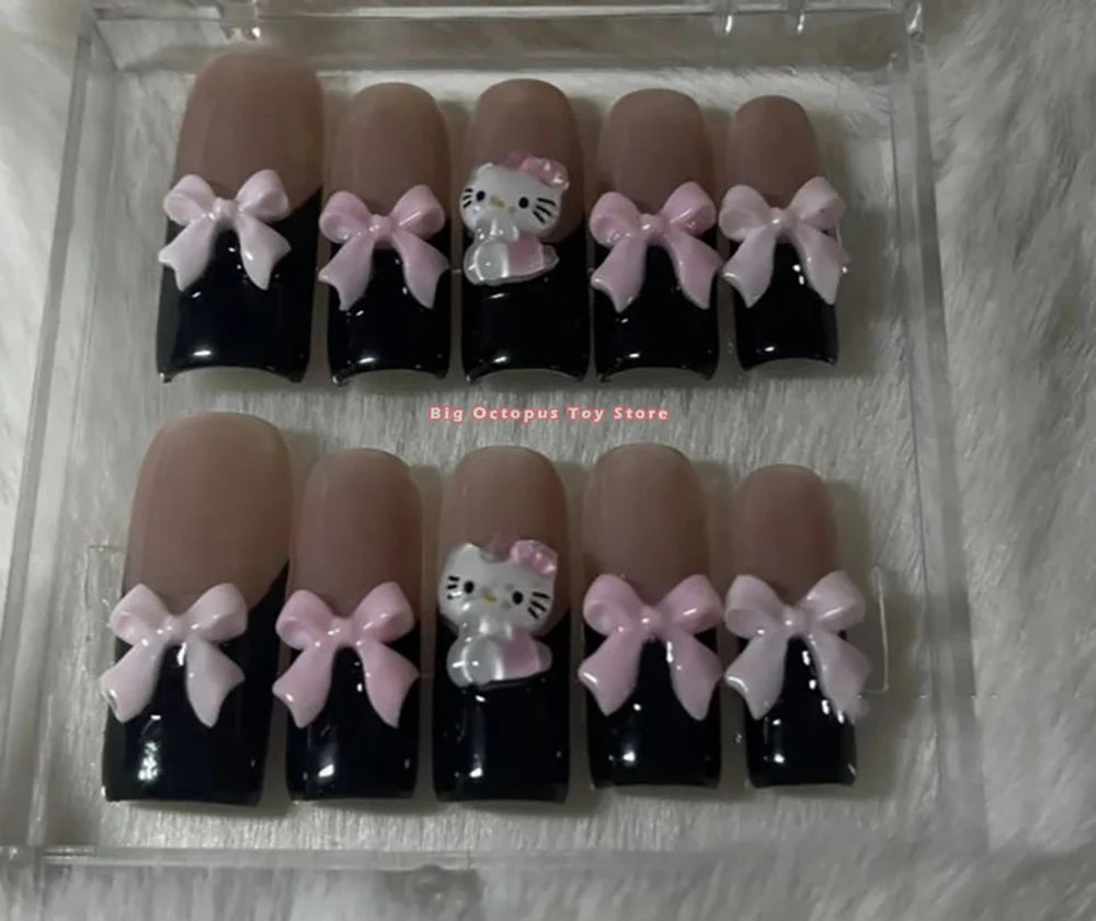 Xxl Euro-Americaen Long Square Cartoon Fake Nails Hello Kitty Mymelody Kuromi Luxury Diamond Handmade Nail Tips Party Sticker