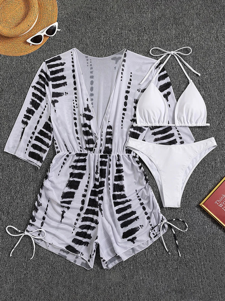 3 pieces Halter Bikini Tropical Print Swimsuit Drawstring Side Swimwear Women Long Sleeve Bathing Suit Female Swimming Beachwear