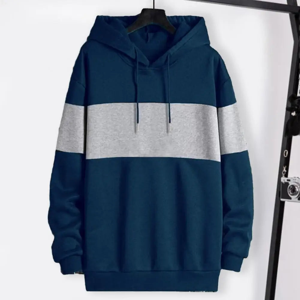 Men Autumn Winter Hoodie Plush Color Matching Drawstring Sweatshirt Loose Pullover Elastic Cuff Warm Soft Mid Length Men Hoodie