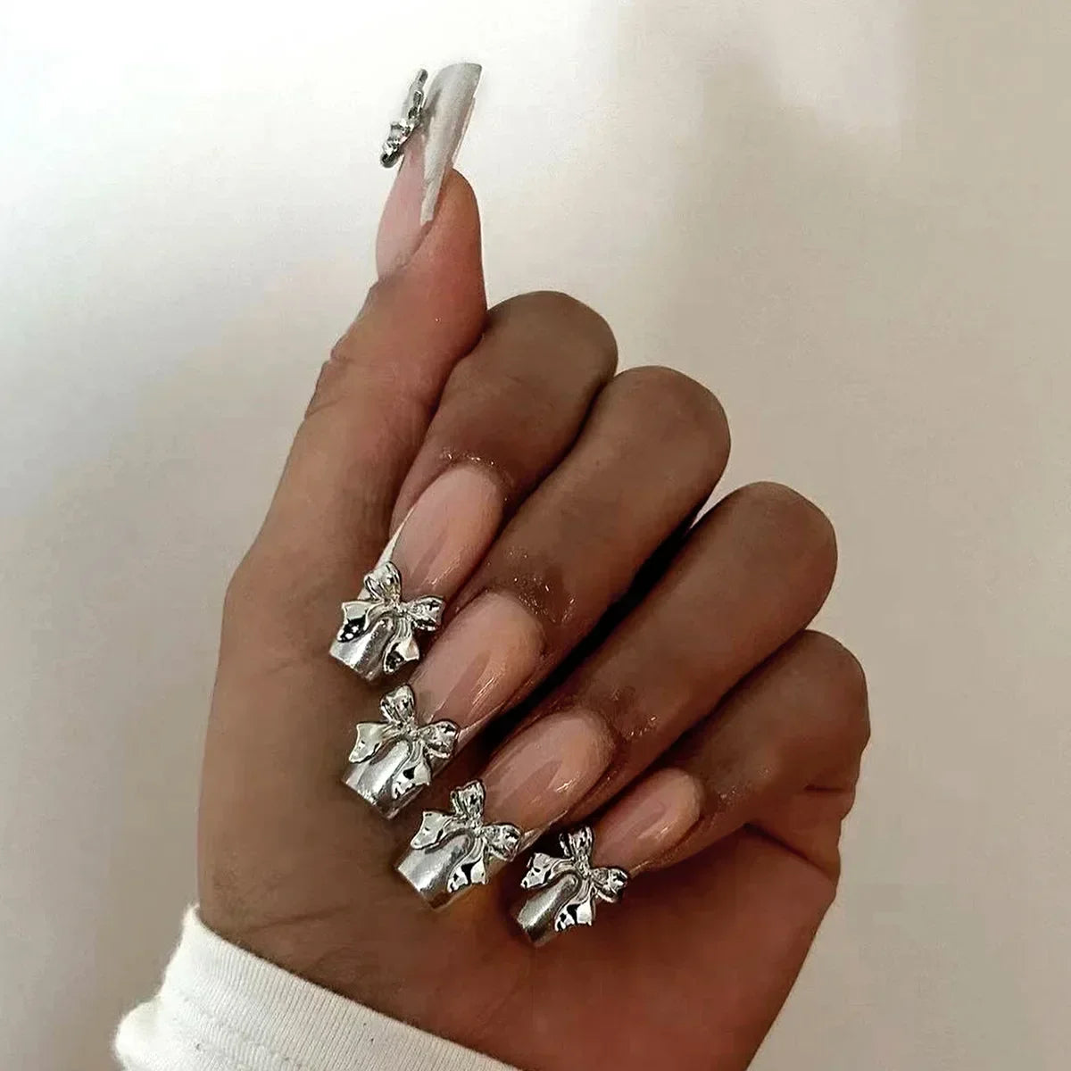 24Pcs Shimmery Long Coffin False Nails with Glue Ballerina Nail Design Sweet Fashion French Press on Acrylic Nails Manicure Tips
