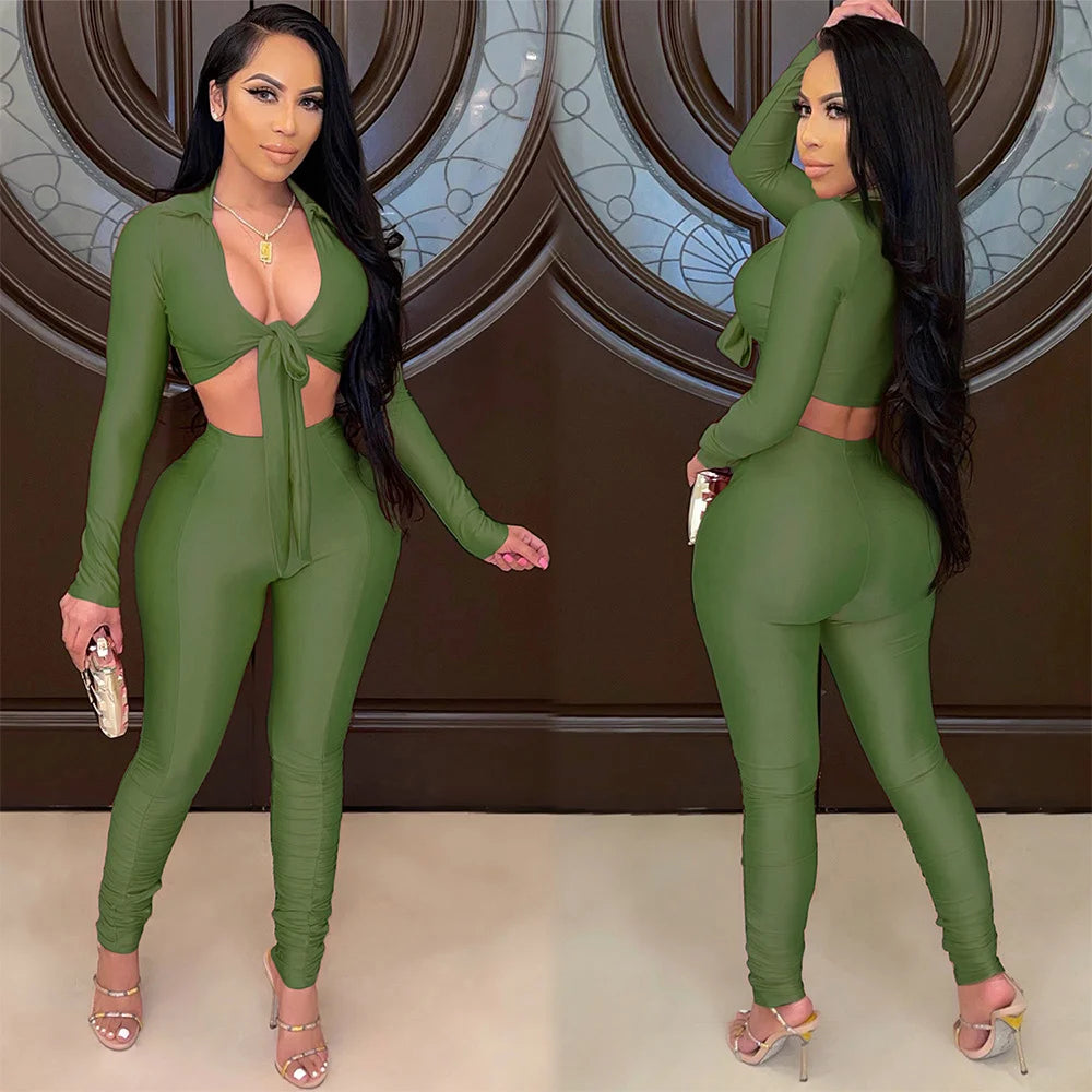 Women's Fashion Casual Slim Fit Two-Piece Set Open Shirt Butterfly Knot Long Sleeve Top with Long Pants Eye-Catching Streetwear