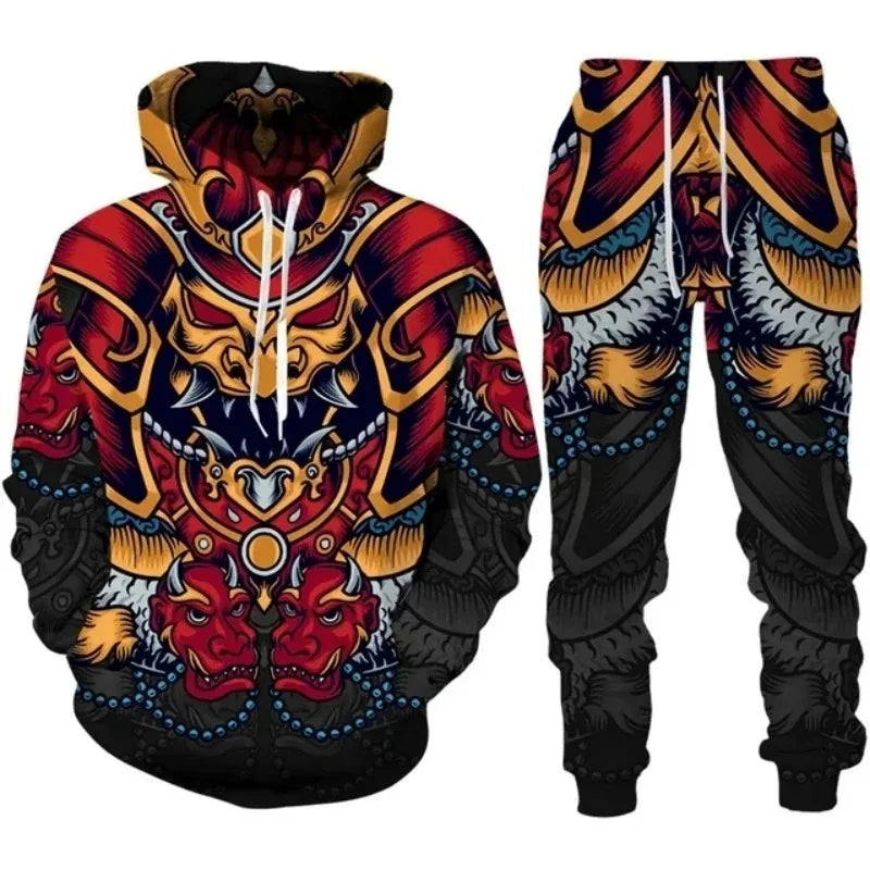 Tracksuit Sets Boys Hoodie Japan Samurai Mask Tattoo Art 3D Printed Casual Fashion Harajuku Streetwear Clothes For Boys Clothing