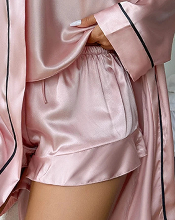 Women Home Three Piece Set V-Neck Spaghetti StrapTops Ruffle Hem Drawstring Short Cami Set with Tied Detail Open Front Robe