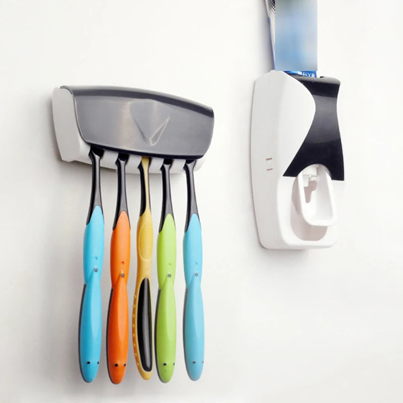 Automatic Toothpaste Dispenser Wall Mount Dust-proof Toothbrush Holder Wall Mount Storage Rack Bathroom Accessories Set Squeezer