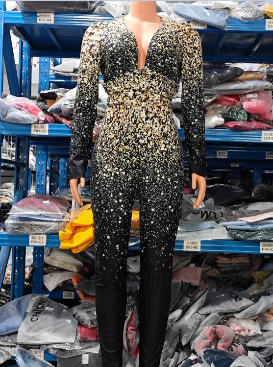 Autumn Fashion Women's Long Sleeve Jumpsuit with Tribal Pattern and Mesh Patch European and American Style for Ladies