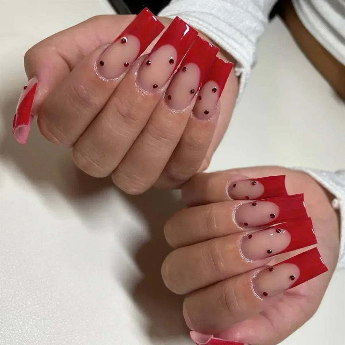 24Pcs Shimmery Long Coffin False Nails with Glue Ballerina Nail Design Sweet Fashion French Press on Acrylic Nails Manicure Tips