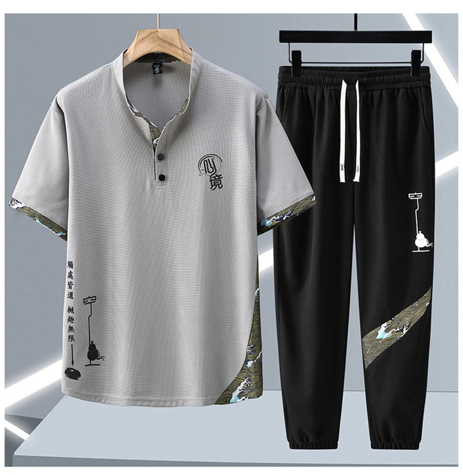 Tracksuits Plus Size 12XL Men's Sets Fashion Casual Chinese Traditional Style T-shirts Pants Suits Male Sets Big Size