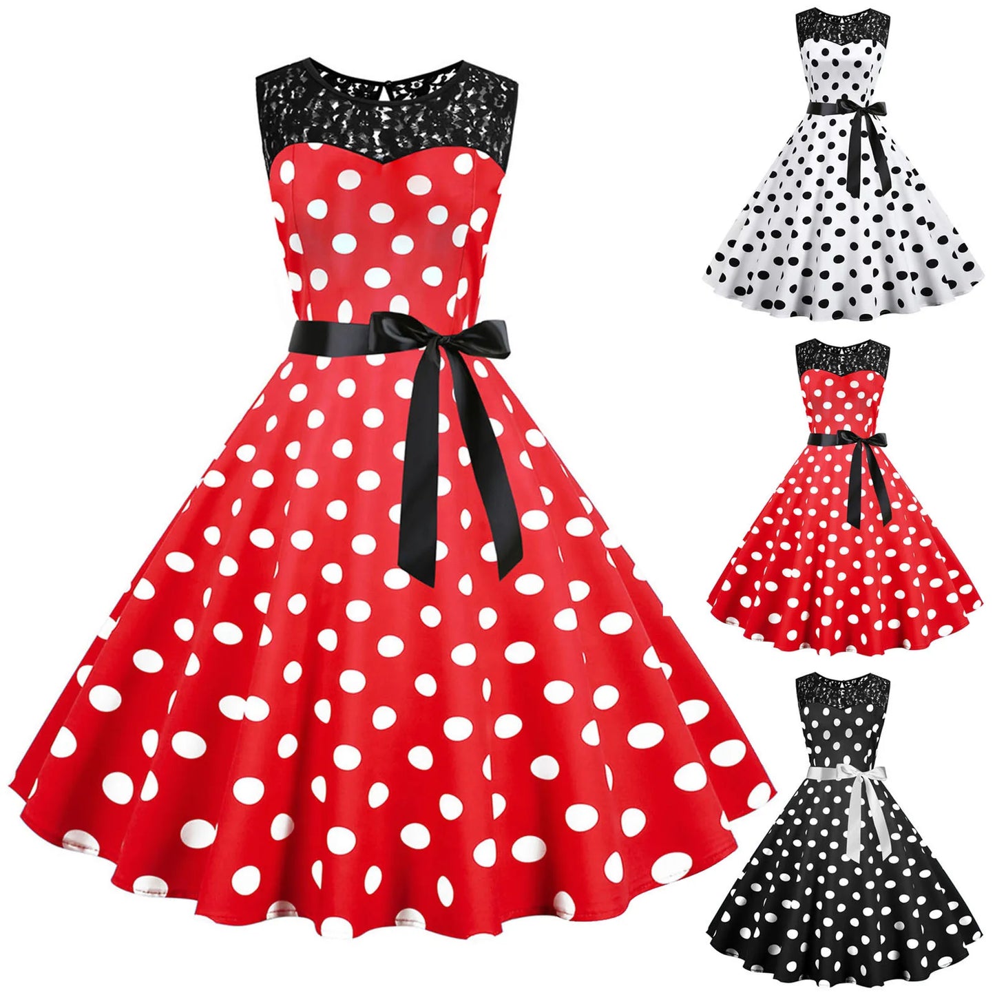Polka Dot Print Summer Dress Vintage Woman 1950s 60s Swing Rockabilly Dress Robe Femme Lace Stitching Office Party Vestidos
