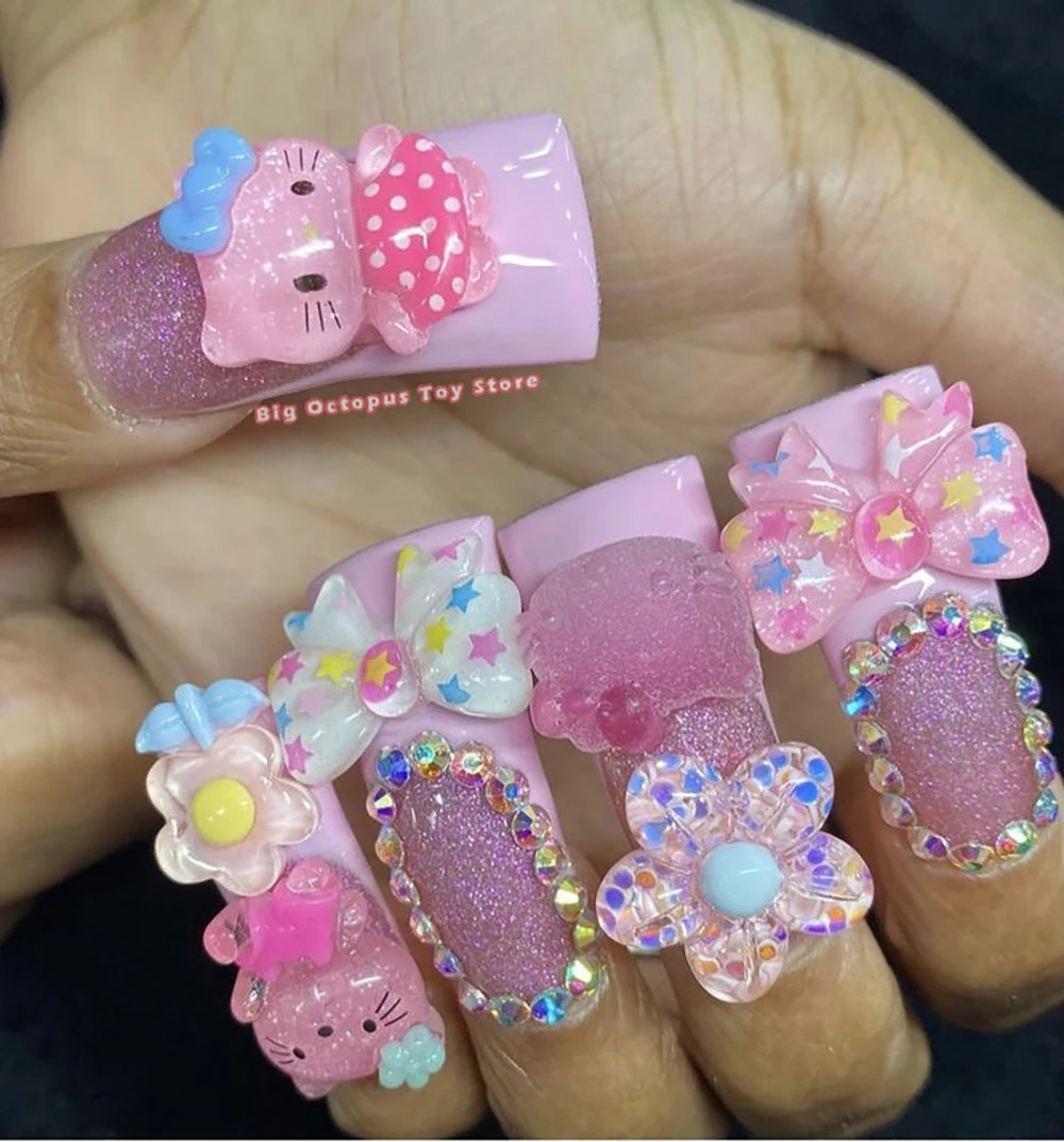 Xxl Euro-Americaen Long Square Cartoon Fake Nails Hello Kitty Mymelody Kuromi Luxury Diamond Handmade Nail Tips Party Sticker