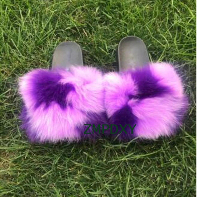 Rainbow Fur Slides Women's Furry Plush Raccoon Fox Fur Slippers Indoor Flat Non-Slip Summer Beach Flip Flops Large Size Sandals