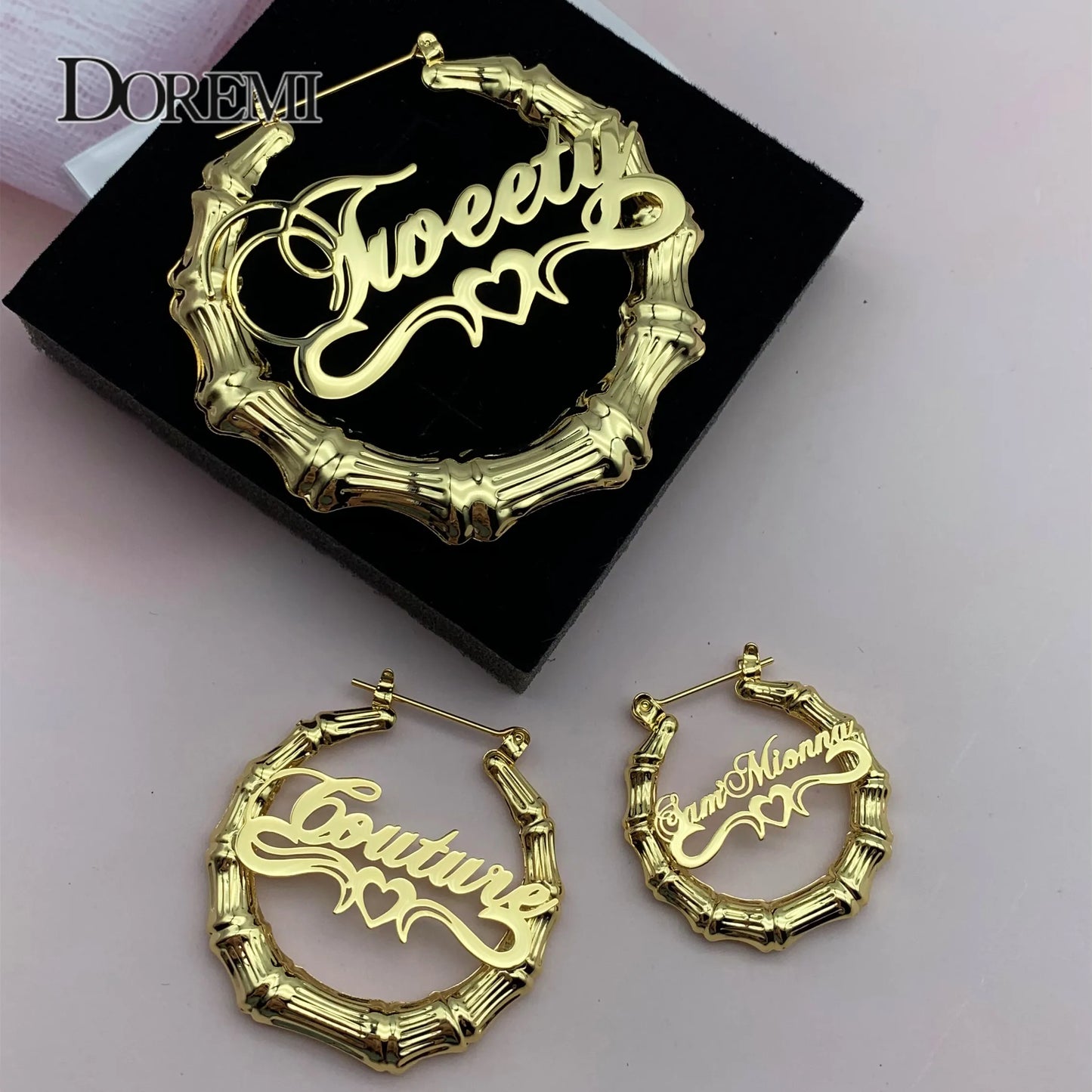 Stainless Custom Bamboo Earrings Heart Hoop Personalized Name Earrings Personalized Jewelry Letter Earrings for Women MOM Gift