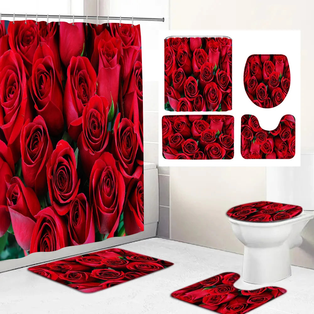 Butterfly Rose Flower Printed Waterproof Bathroom Shower Curtain Set Non-Slip Bath Mat Rug Sets Toilet Cover Bathroom Decor