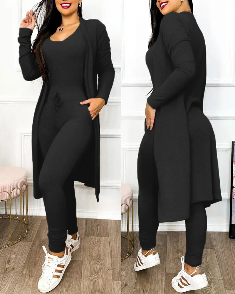 Two Piece Set Women Outfit Spring Fashion Drawstring Pocket Design U-Neck Sleeveless Skinny Jumpsuit & Long Sleeve Coat Set