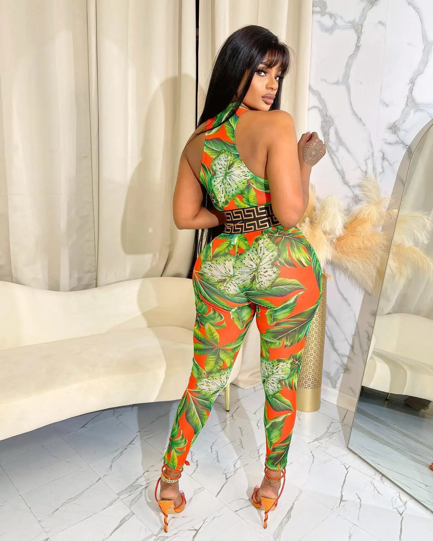 Echoine Women Print Patchwork Sleeveless Tank Crop Tops And Leggings 2 Two Piece Set 2023 Summer Sexy Fashion Tracksuit Outfits