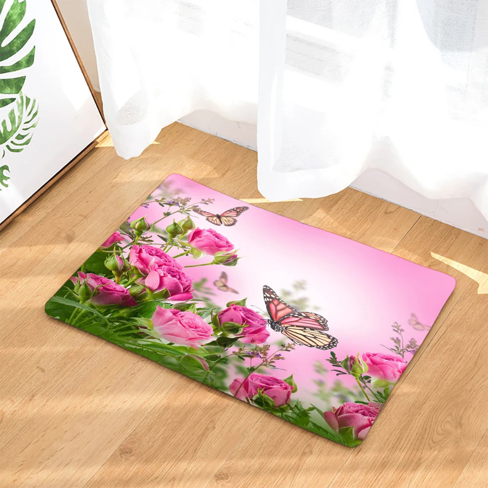 Butterfly Rose Flower Printed Waterproof Bathroom Shower Curtain Set Non-Slip Bath Mat Rug Sets Toilet Cover Bathroom Decor
