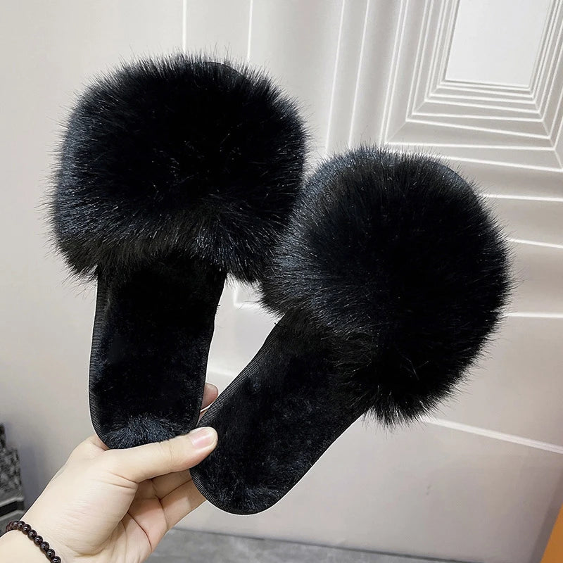 Women's Home Slippers Winter Pink Fur Kawaii Flats Furry Elegant Comfortable Soft Shoes for Woman and Low Price