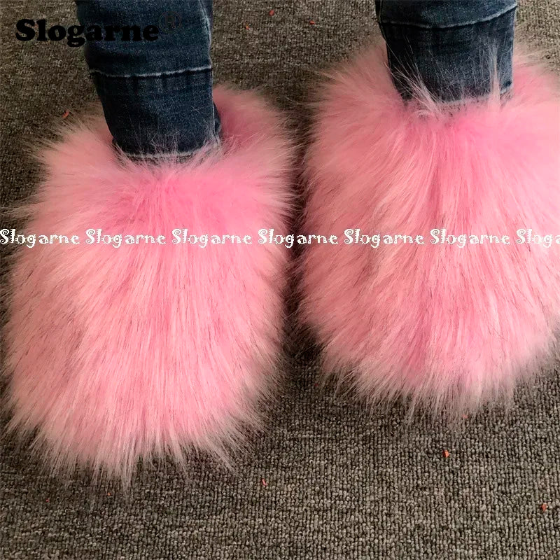 New Colorful Raccoon Fur Slippers Women Winter Faux Fur Shoes Ladies Luxury Furry Slippers Girls Artificial Fox Furs Slides Shoe