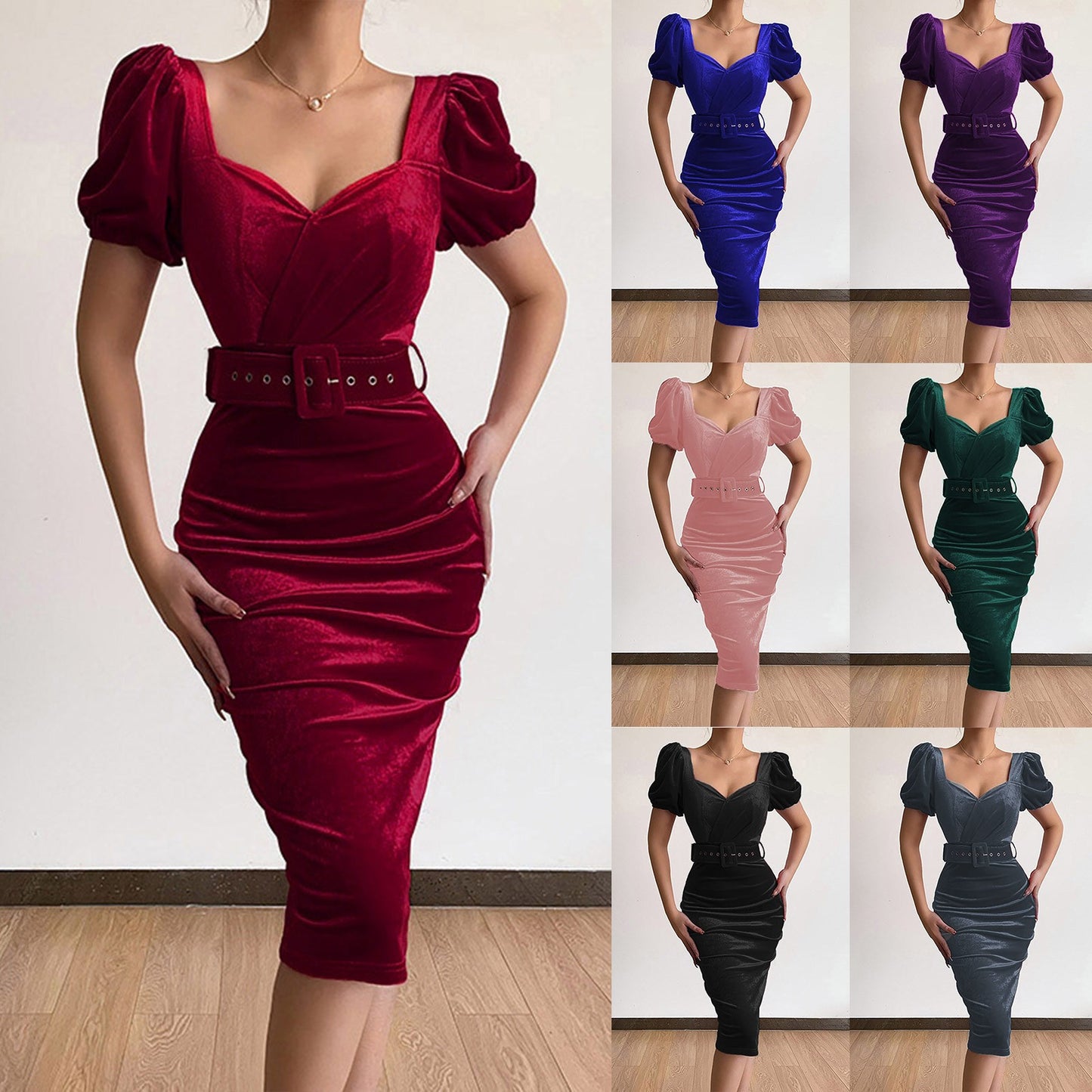 Dress Elegant Solid Color Waistband Sexy Low Neck Bubble Sleeve Velvet Hip Wrap Dress Formal Dresses For Wedding Guest