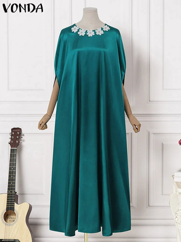 VONDA 2024 Elegant Women Satin Long Dress Autumn Maxi Sundress Elegant O-Neck 3/4 Bat Sleeve Casual Vestido Party Robe Oversize