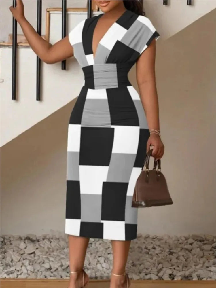 Sexy V Neck Sleeveless Dress Office Lady Spring Summer Fashion Elegant Buns Printing Dresses For Women
