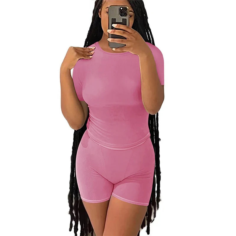 Casual Workout Two Piece Outfits for Women Fitted Crew Neck T-shirt High Waist pants Matching Sets Streetwear