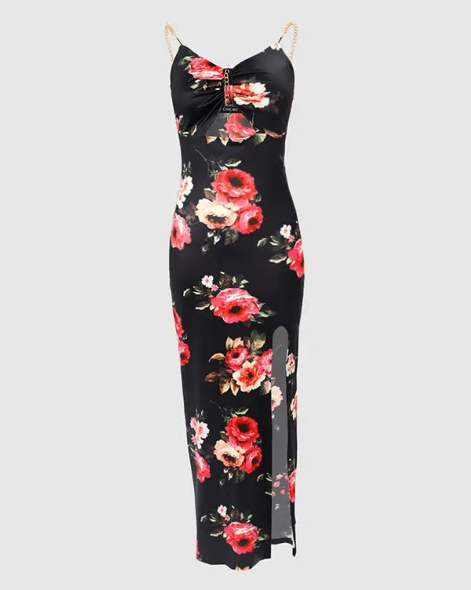 Sexy Floral Print High Slit Bodycon Dress Summer Daily Fashion Sleeveless Chain Decor Cutout Maxi Skinny Party Dresses