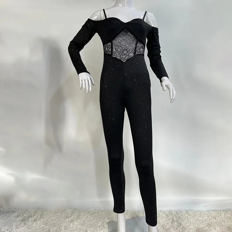 Sexy Party Night Out Jumpsuit Women Elegance Plain Glitter Cold Shoulder Long Sleeve Contrast Lace Corset Skinny Jumpsuit