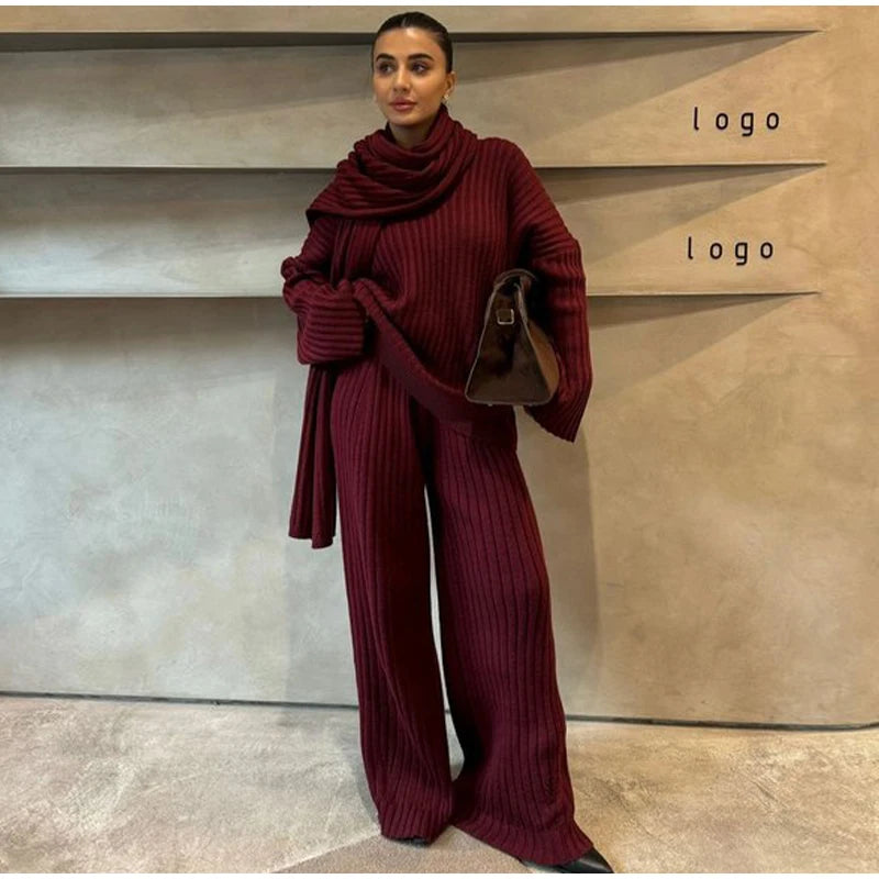 Oversize Knitted Women's Set V-Neck Full Sleeve Scarf Pullover Long Trousers Casual Loose Lady Suit for Autumn