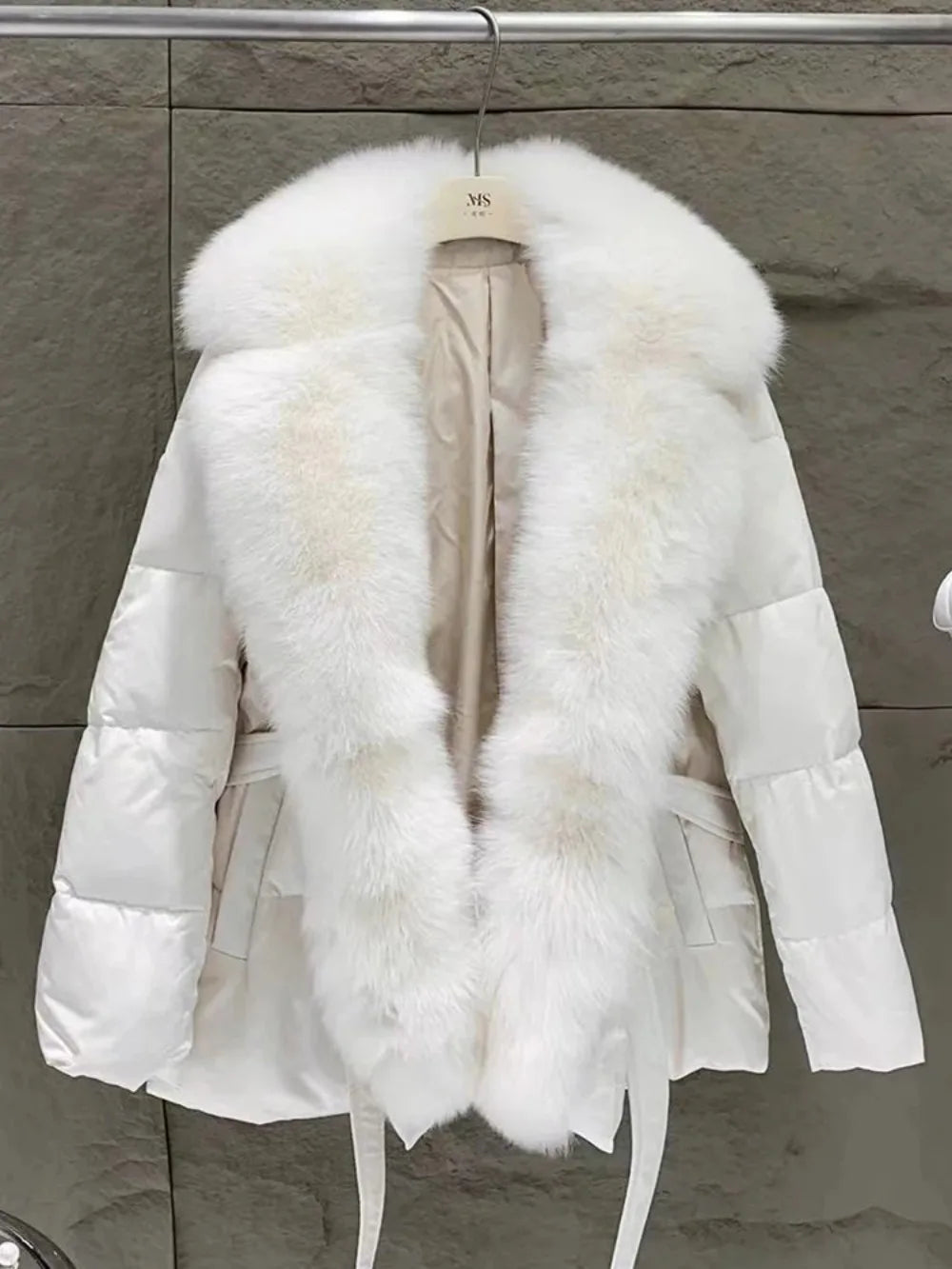 2024 Winter New Luxury Natural Fox Fur Collar White Goose Down Jacket Women Warm Parkas Slim Coat with Belt Outwear Female