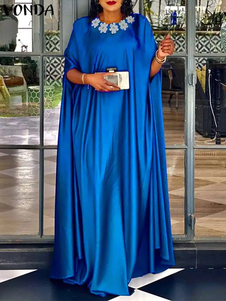VONDA 2024 Elegant Women Satin Long Dress Autumn Maxi Sundress Elegant O-Neck 3/4 Bat Sleeve Casual Vestido Party Robe Oversize
