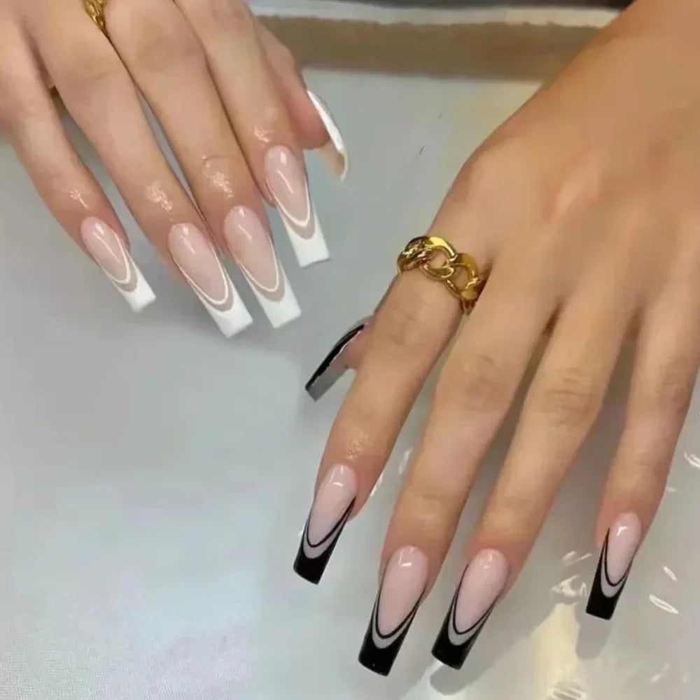 24Pcs Shimmery Long Coffin False Nails with Glue Ballerina Nail Design Sweet Fashion French Press on Acrylic Nails Manicure Tips