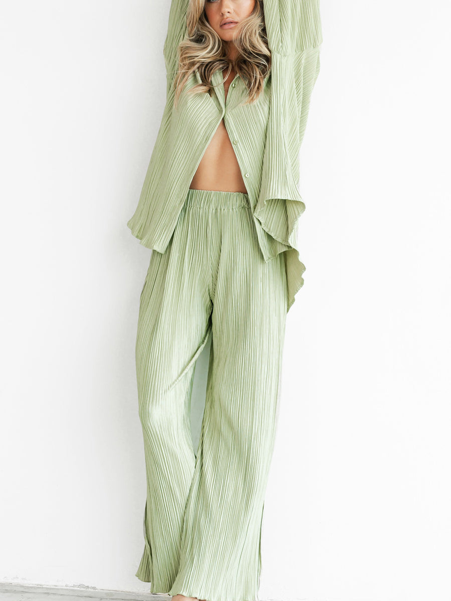 Women's Two-piece Pleated Pants Sets Chic Solid Color Long Sleeve Button Down Shirts with Straight Leg Trousers Casual Style