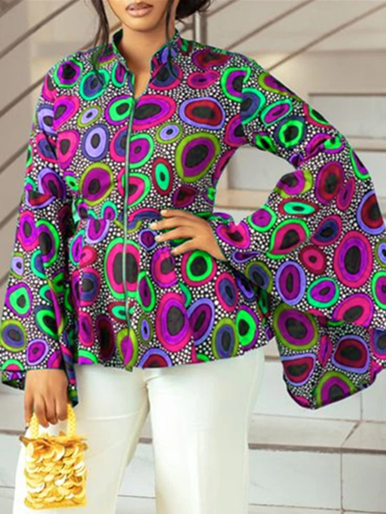 Plus Size 5XL VONDA Women Bohemian Tops 2024 Flared Sleeve Printed Tops Stand Collar Blouse Cover Up Casual Loose Blusas Tunic
