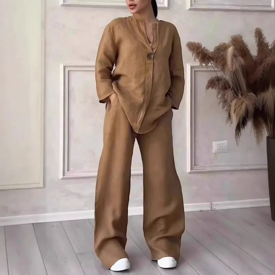 Comfortable Loose Cotton Linen Women's two pieces set Top Wide Leg Pants Casual Fashion Set Suits Spring Summer Wear Outfits