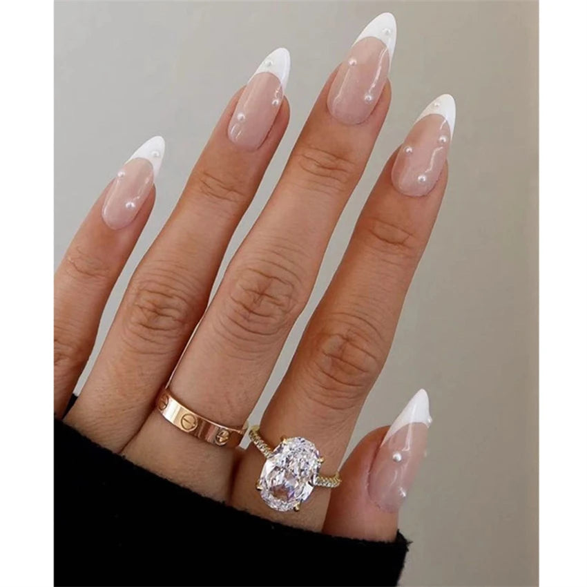 24Pcs/Set Press on Nails Gradient Point Drill Ballet Wearing False Nails Long French Stick on Nail Artificial Acrylic Fake Nails
