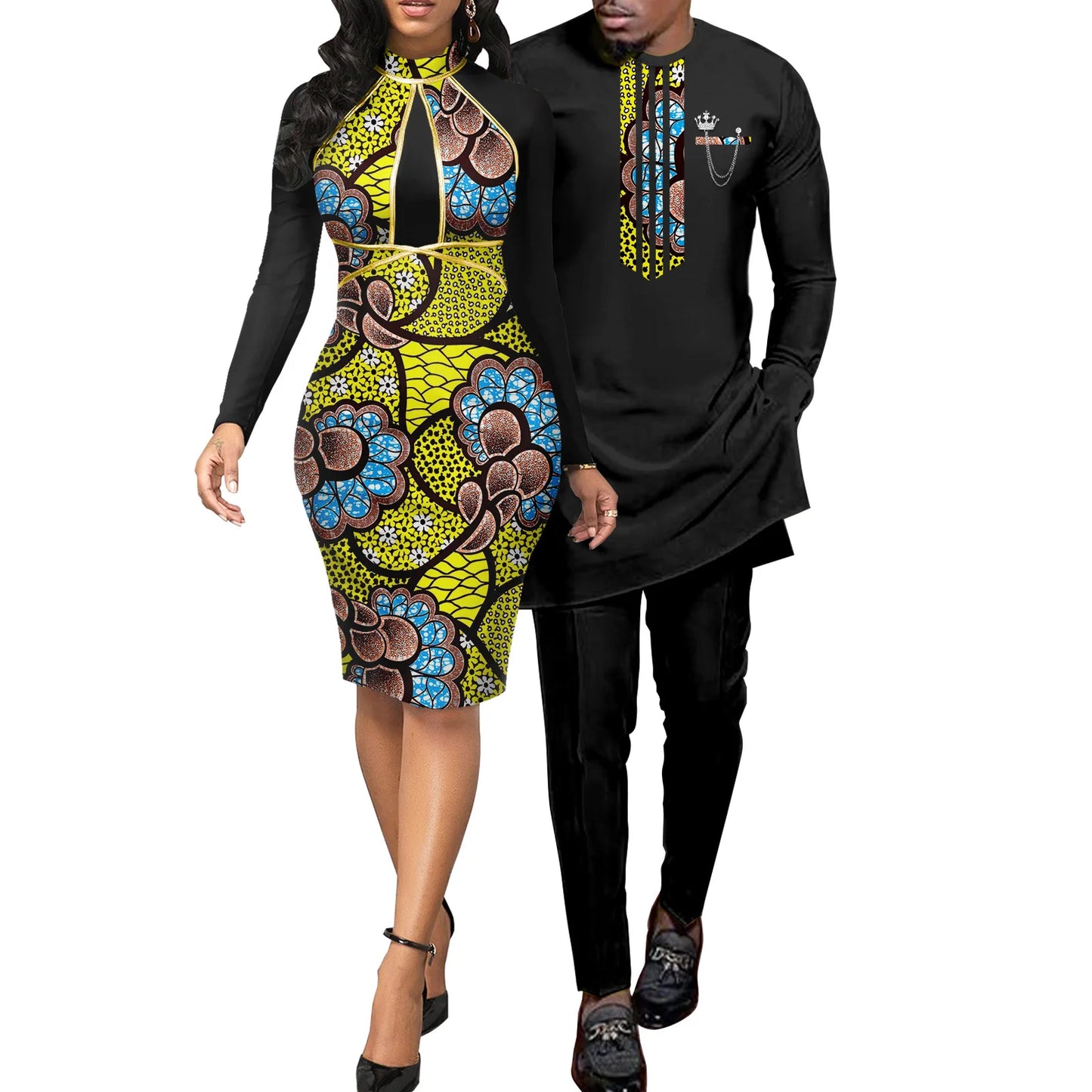 African Abaya Hip Dresses for Women Matching Couple Outfits with Bazin Riche Men's Top and Pant Set Dashiki Print
