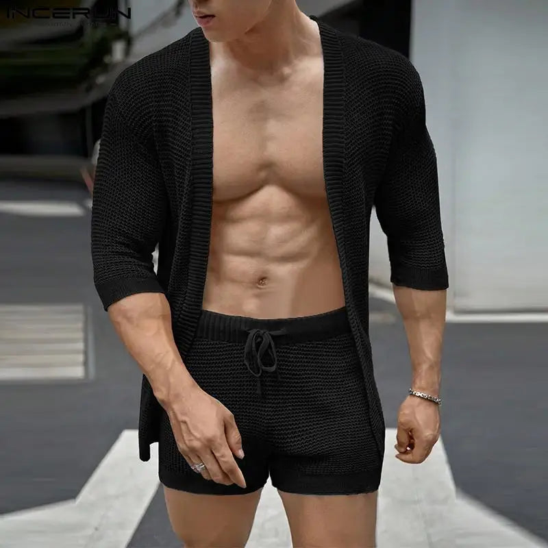 Men Sets Solid Color Streetwear Summer Half Sleeve Cardigan & Drawstring Shorts Two Pieces Sets 2023 Men's Casual Suits INCERUN