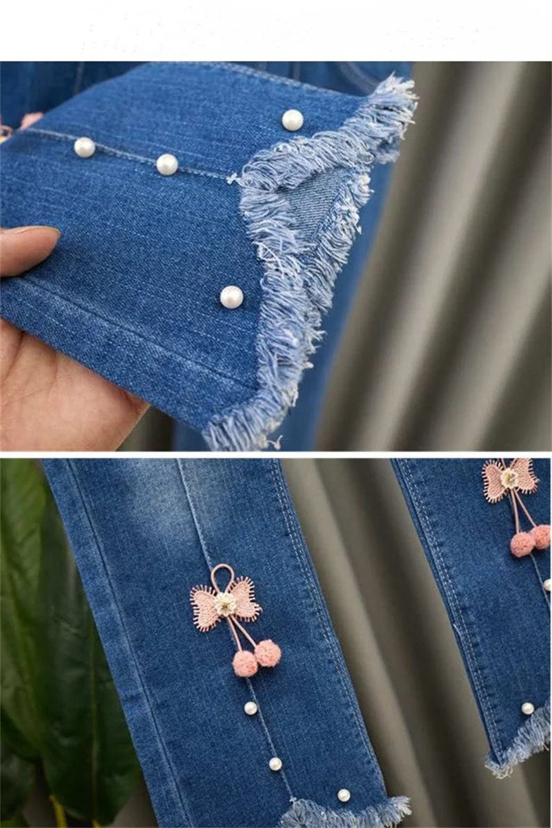 Autumn Girls Jeans Fashionable Bow-Design Denim Flared Pants Elastic Waist Solid Color Trousers for Teenage Kids
