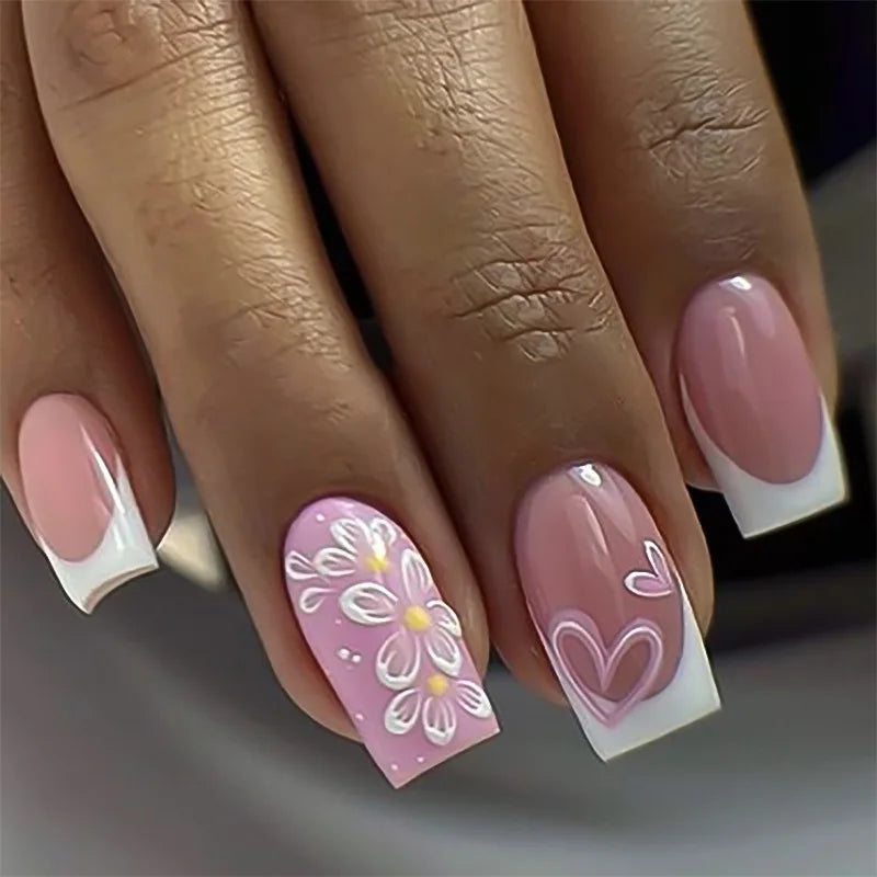 24Pcs Pink French Style Press on Nails with White Flower Print Short Square Head False Nails Simple Wearable Artificial Nails Art