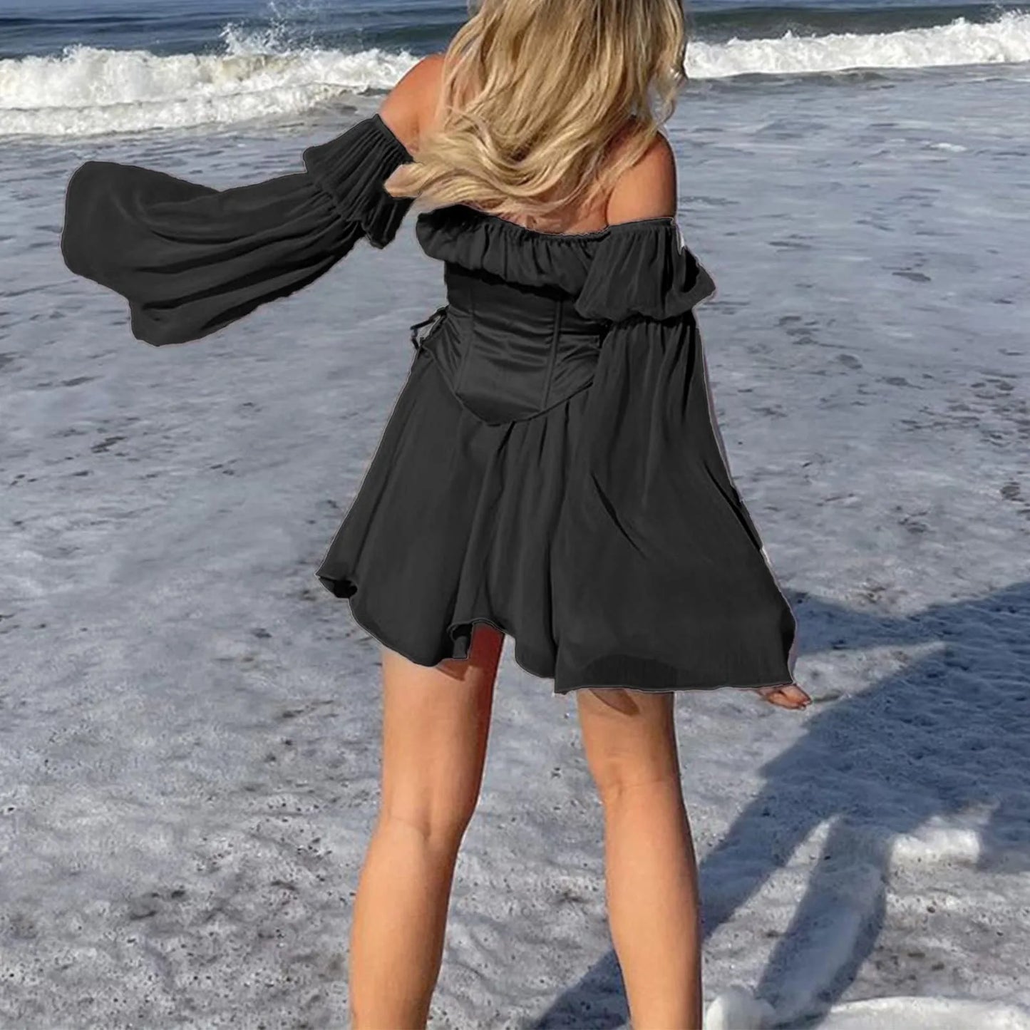 Summer Dresses For Women Plus Size Off Shoulder Flare Sleeve Dress Lace Up Corset Solid Flowy Mini Dress vestidos de mujer