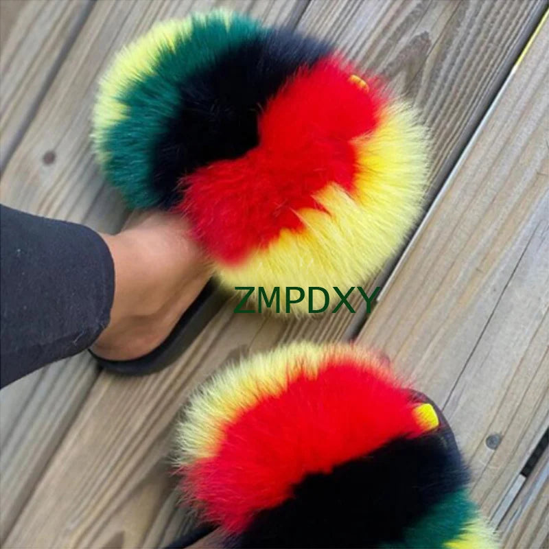 Rainbow Fur Slides Women's Furry Plush Raccoon Fox Fur Slippers Indoor Flat Non-Slip Summer Beach Flip Flops Large Size Sandals