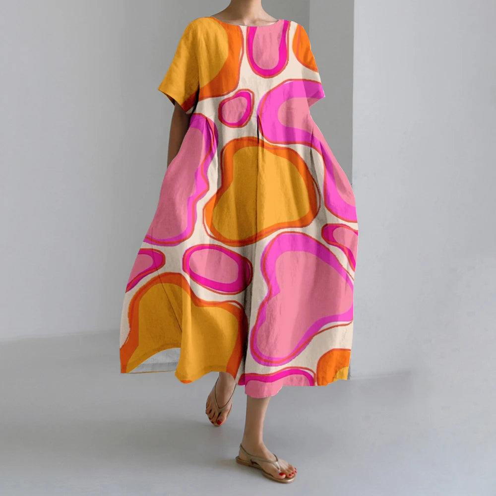 New Summer Womens Dresses Exquisite Elegant Round Neck Short Sleeve Long Pink Spotted Irregular Printed Comfortable Midi Dresses