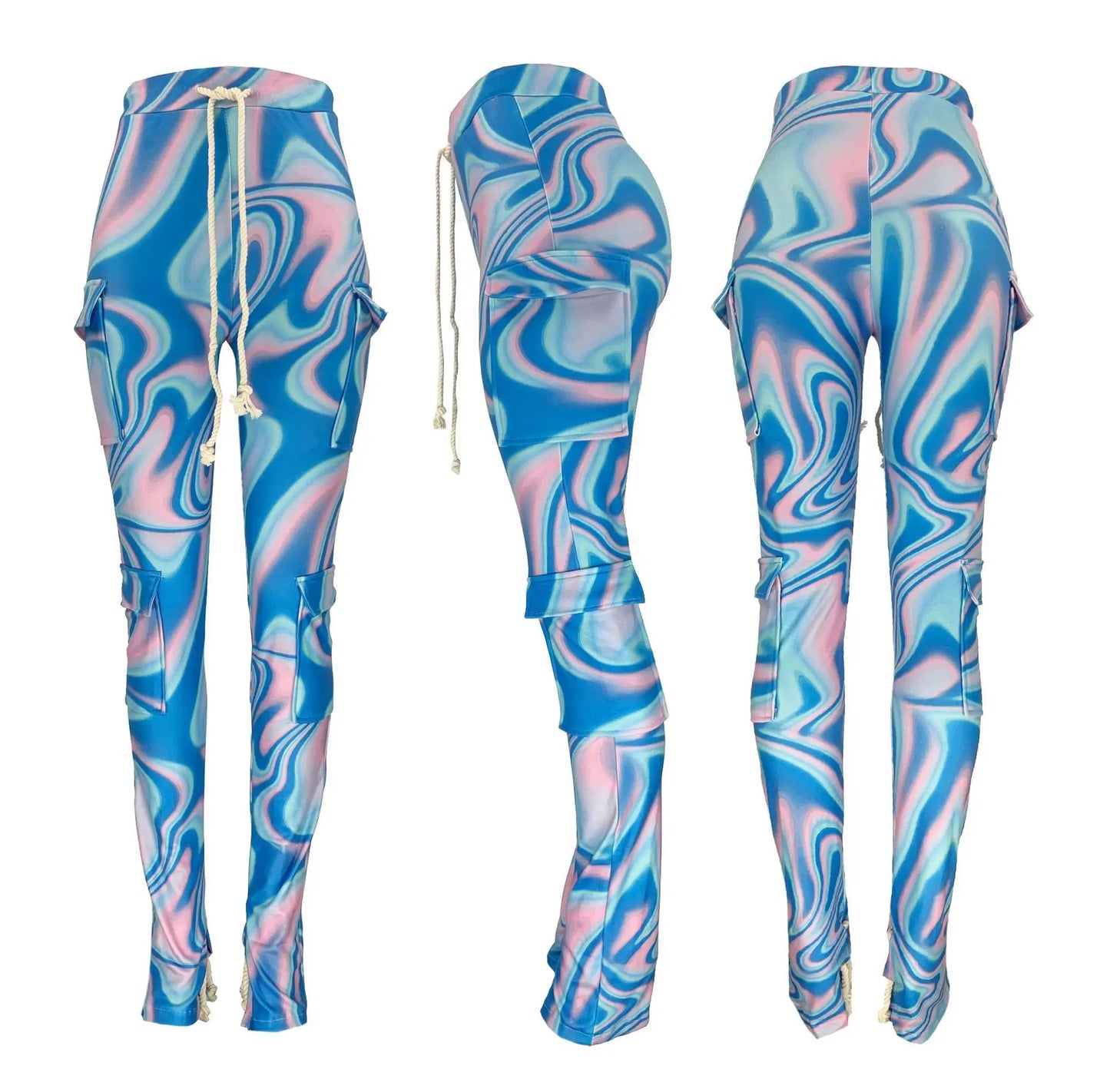 Strecth Cargo Pants for Women Streetwear Mid Waist Multi Pockets Drawstring Trousers Vintage 2024 Autumn Printing Sweatpants