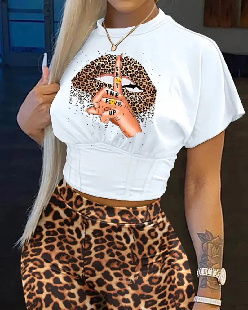 Women's Summer Casual O-Neck Short Sleeve T-shirt Shorts Set Letter Print Slim Fit Office Outfit Polyester Blend Short Set