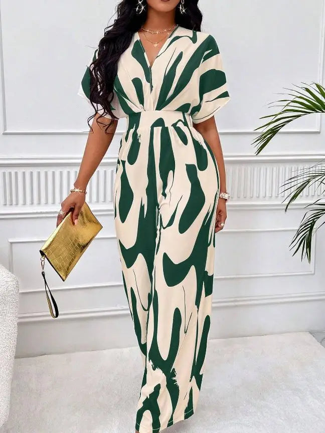 Fashion Women Jumpsuit Loose Wide-leg Pants Casual Romper Streetwear Women Jumpsuit Summer Sexy V-neck Print Casual Jumpsuit