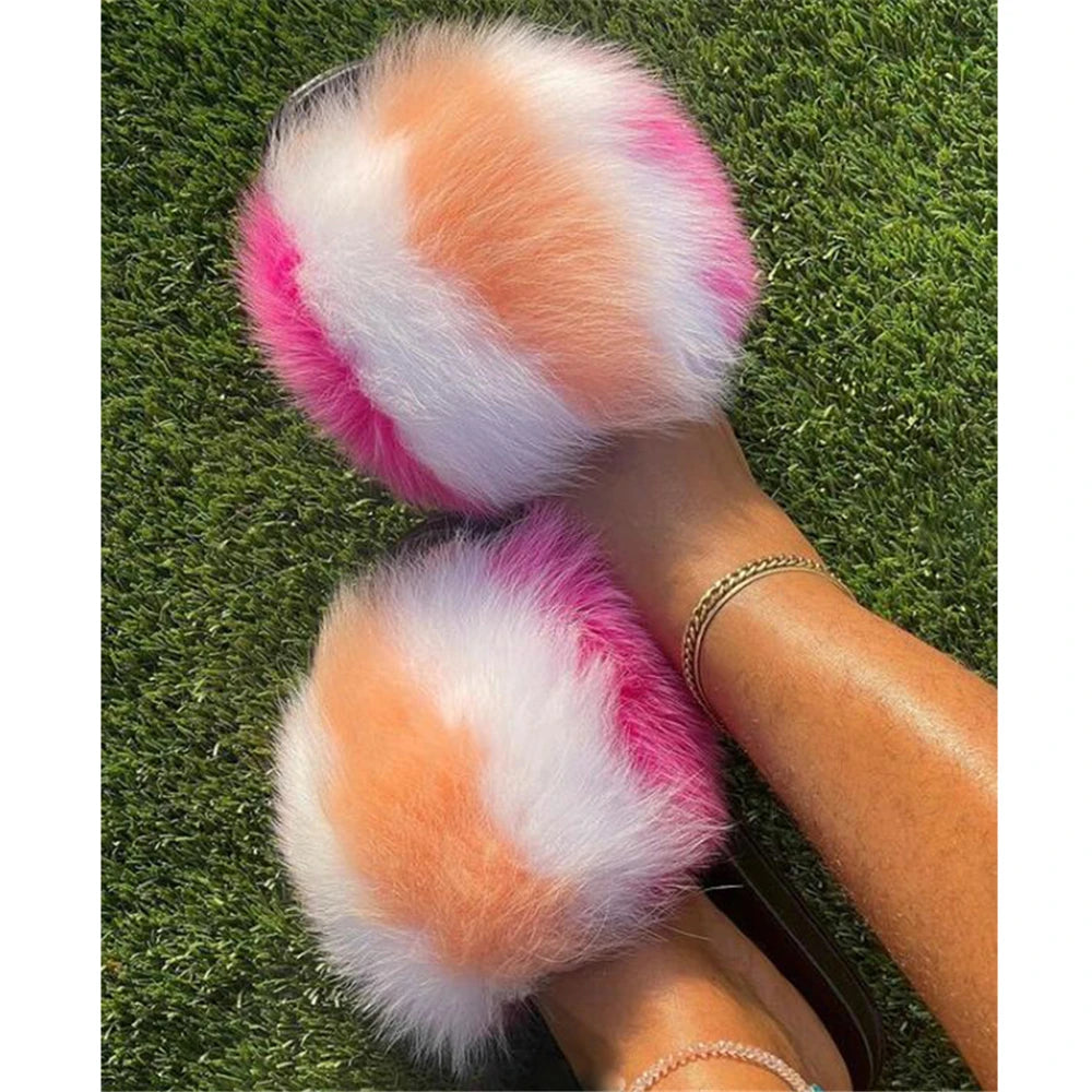 Hot Sale Summer Women Fox Fur Slippers Furry Slippers Designer Fur Slides Girls Black Fur Slides Gorgeous Big Fur Slides Sandal