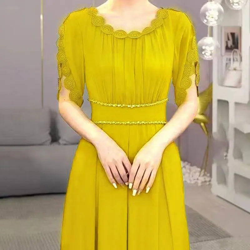 Summer Elegant Petal Sleeve Dresses Stylish Lace Spliced Pleated Women's Clothing Waist Chic Beading Casual O-Neck Long Dress