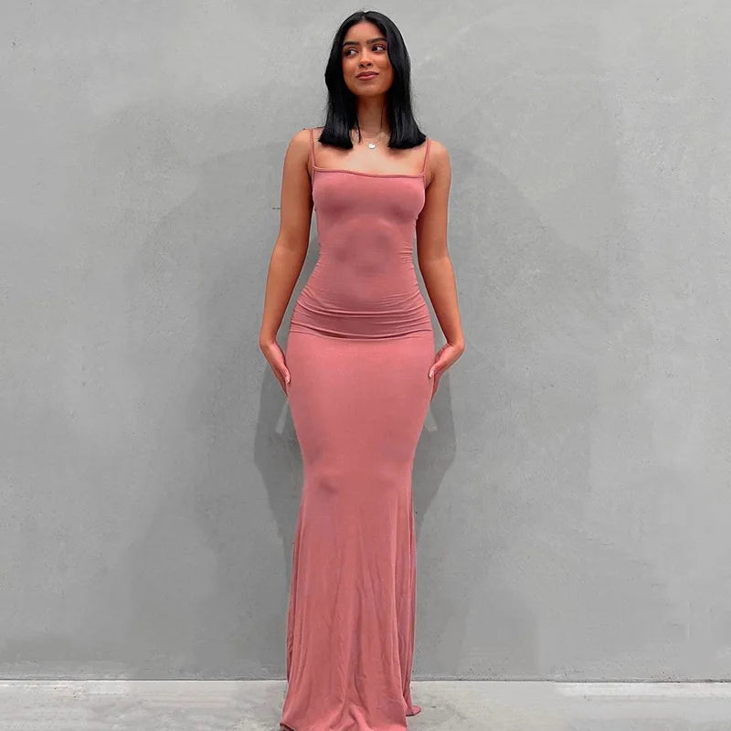 Summer Dresses For Women Sexy Spaghetti Strap Black Long Dress Y2k Sleeveless Solid Skinny Bodycon Trumpet Maxi
