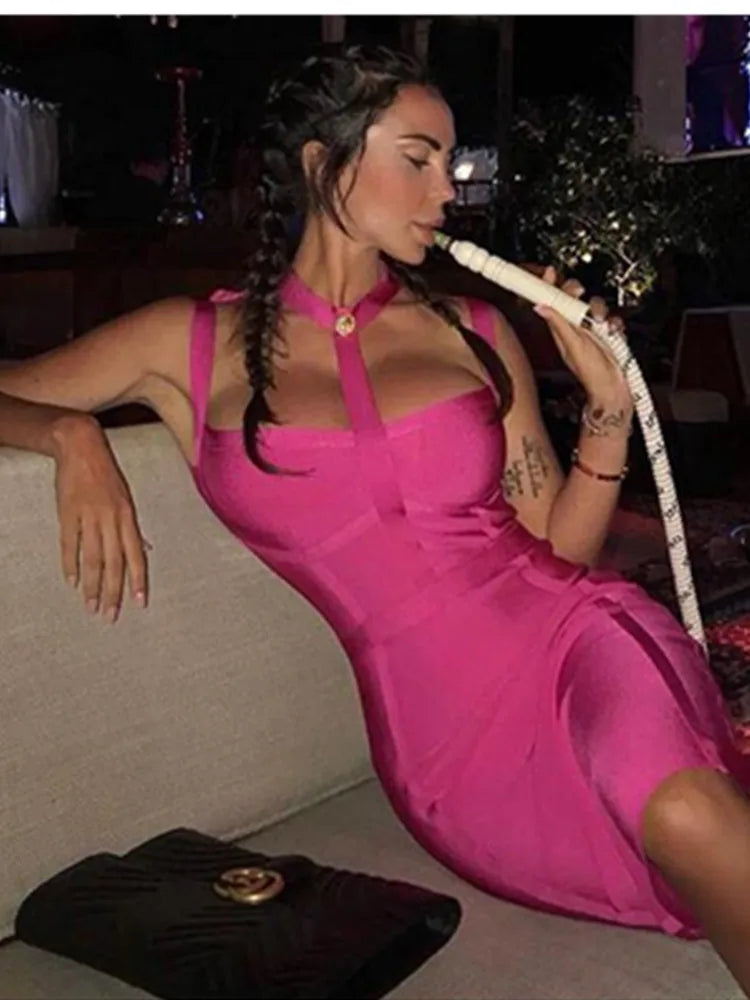New Arrival Summer Style Sexy Cut Out Button Stretchy Elastic Bandage Dress Celebrity Designer Evening Party Dress Vestidos