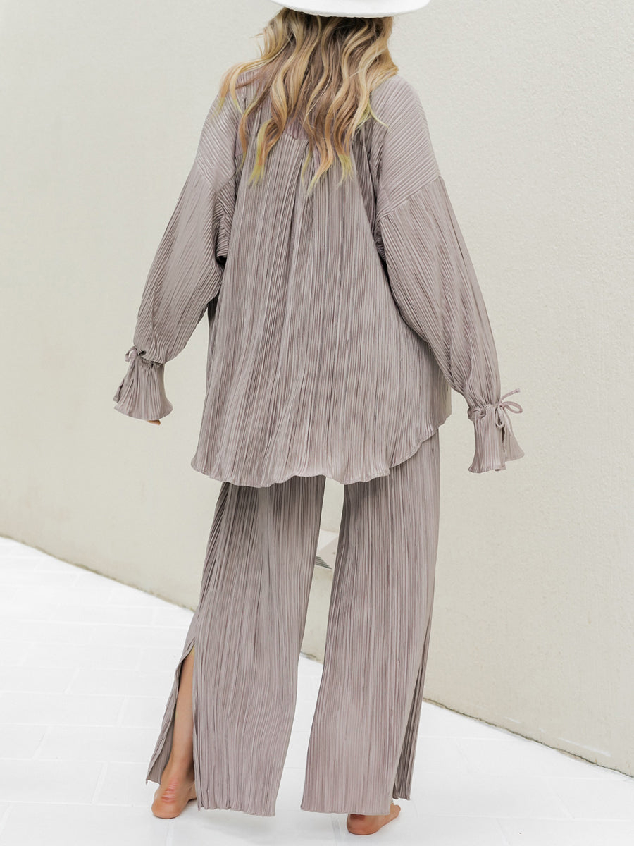Women's Two-piece Pleated Pants Sets Chic Solid Color Long Sleeve Button Down Shirts with Straight Leg Trousers Casual Style